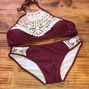 Maroon and white lace 2 piece bikini swim suit size medium like new​​​